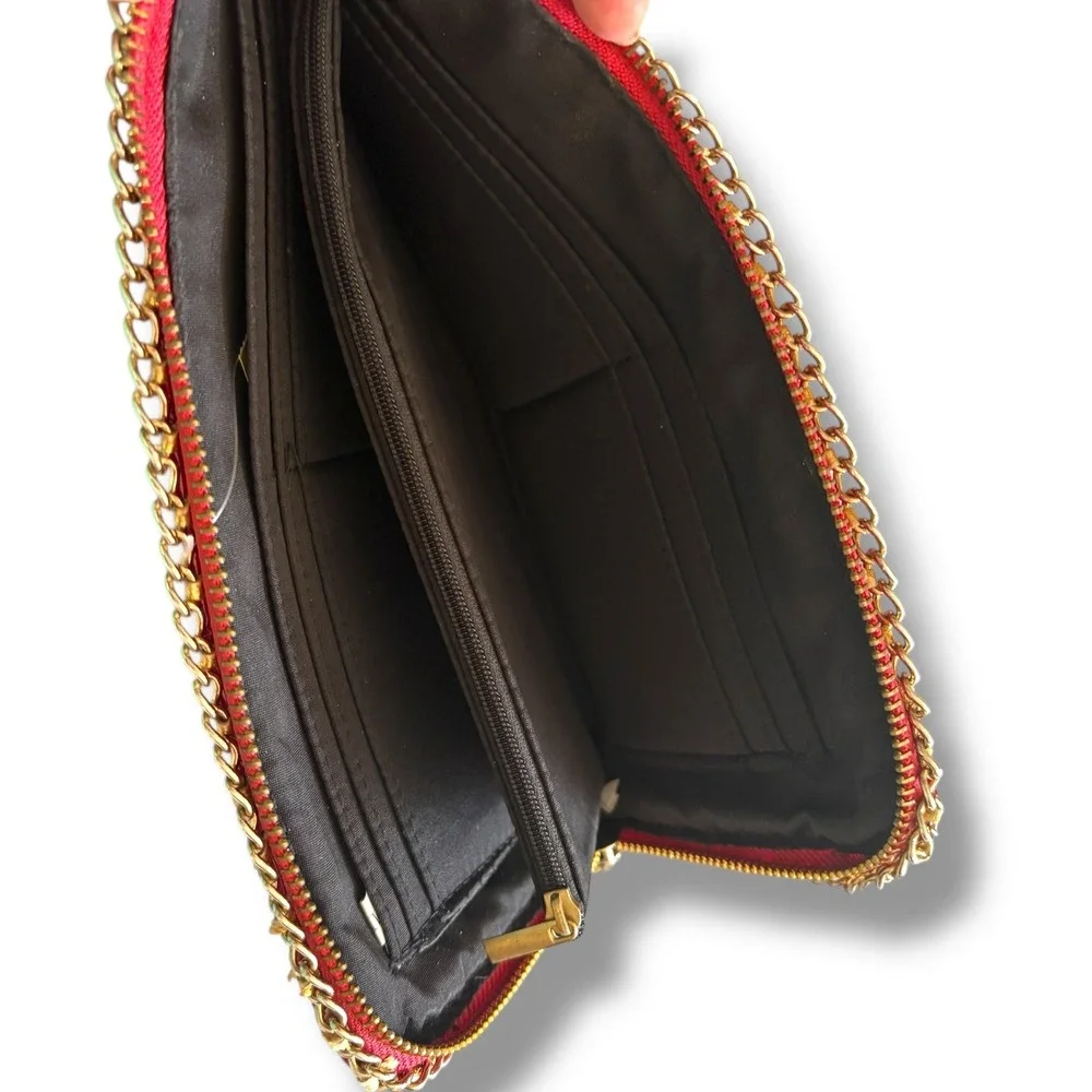 Red Patent Geometric Quilted Zip Around Wallet with Gold‎ Chain Trim Detail